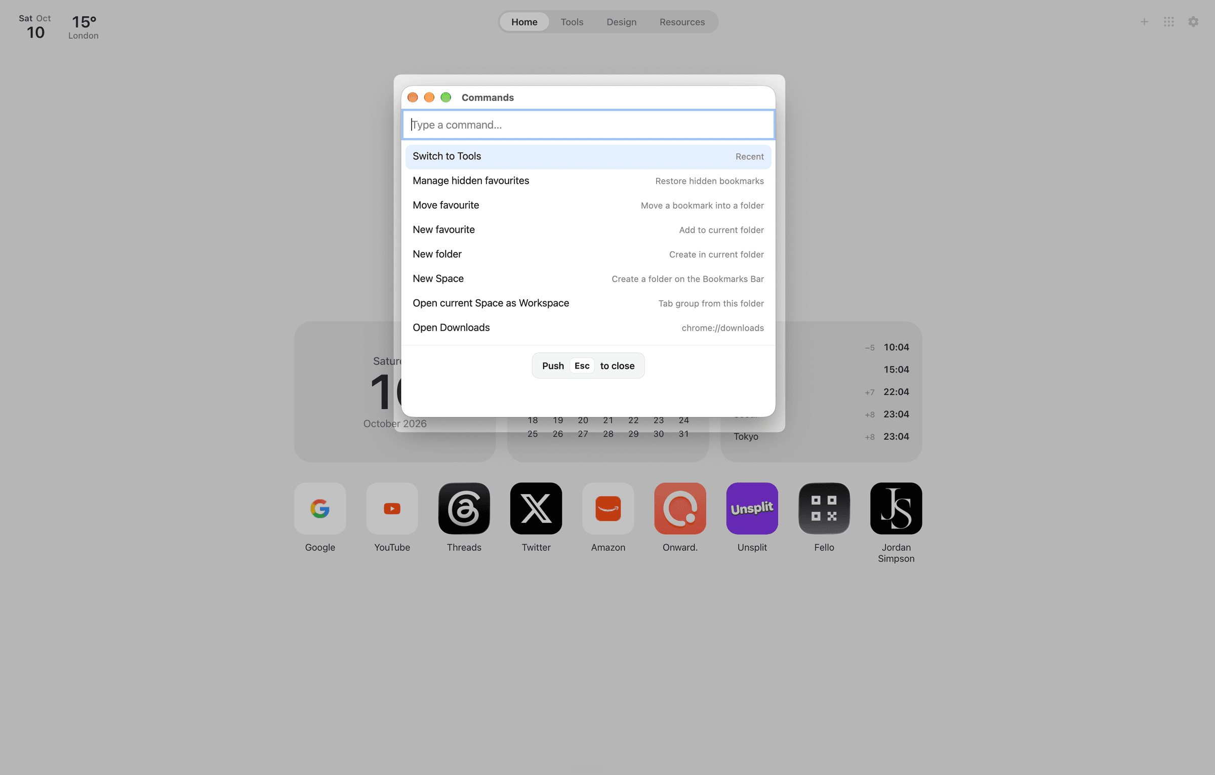 Favourites command palette for searching bookmarks and running shortcuts